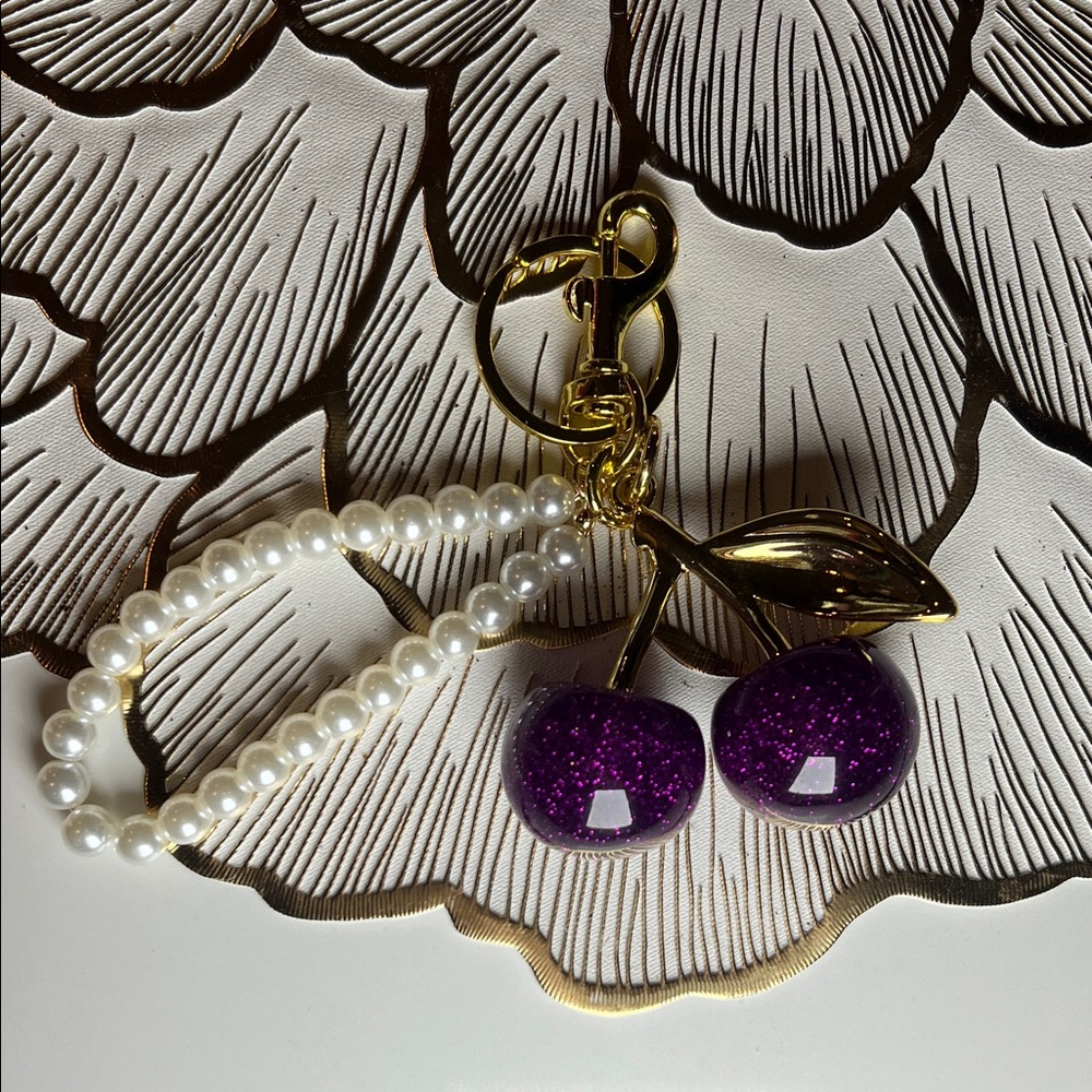 Deep Purple Cherry Keychain with Pearl details NWOT - Picture 3 of 13
